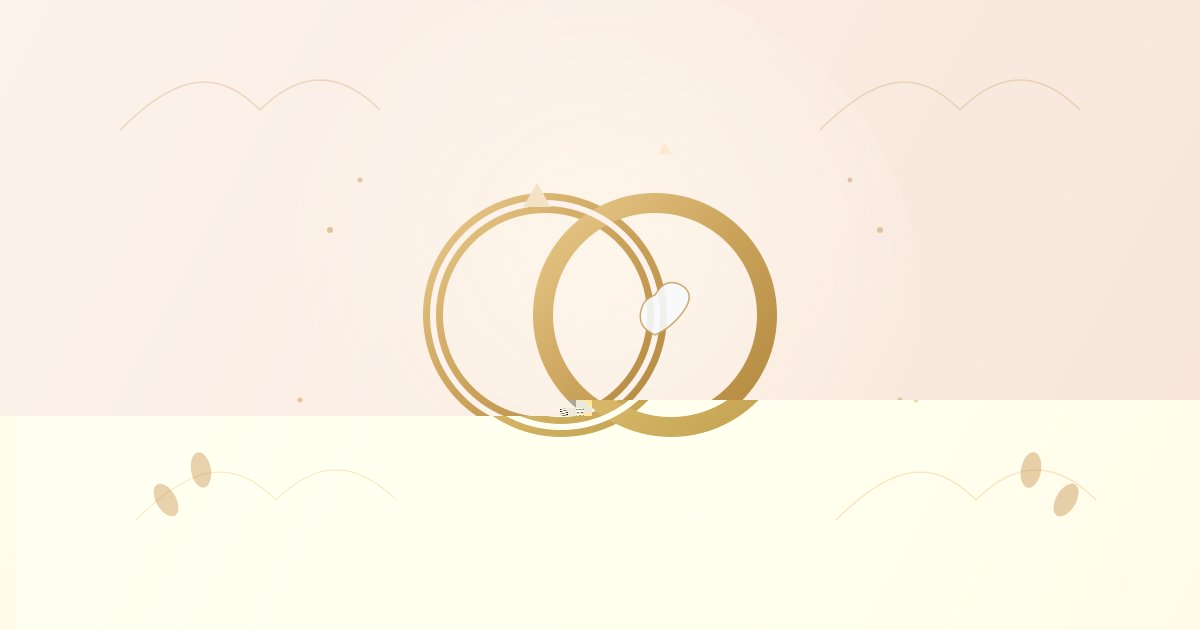 Two interlocking gold wedding rings on a soft blush background